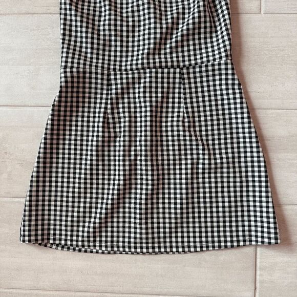 Gingham Mini Dress Black White Checkered Sleeveless Spaghetti Strap Back Zipper - Picture 3 of 6